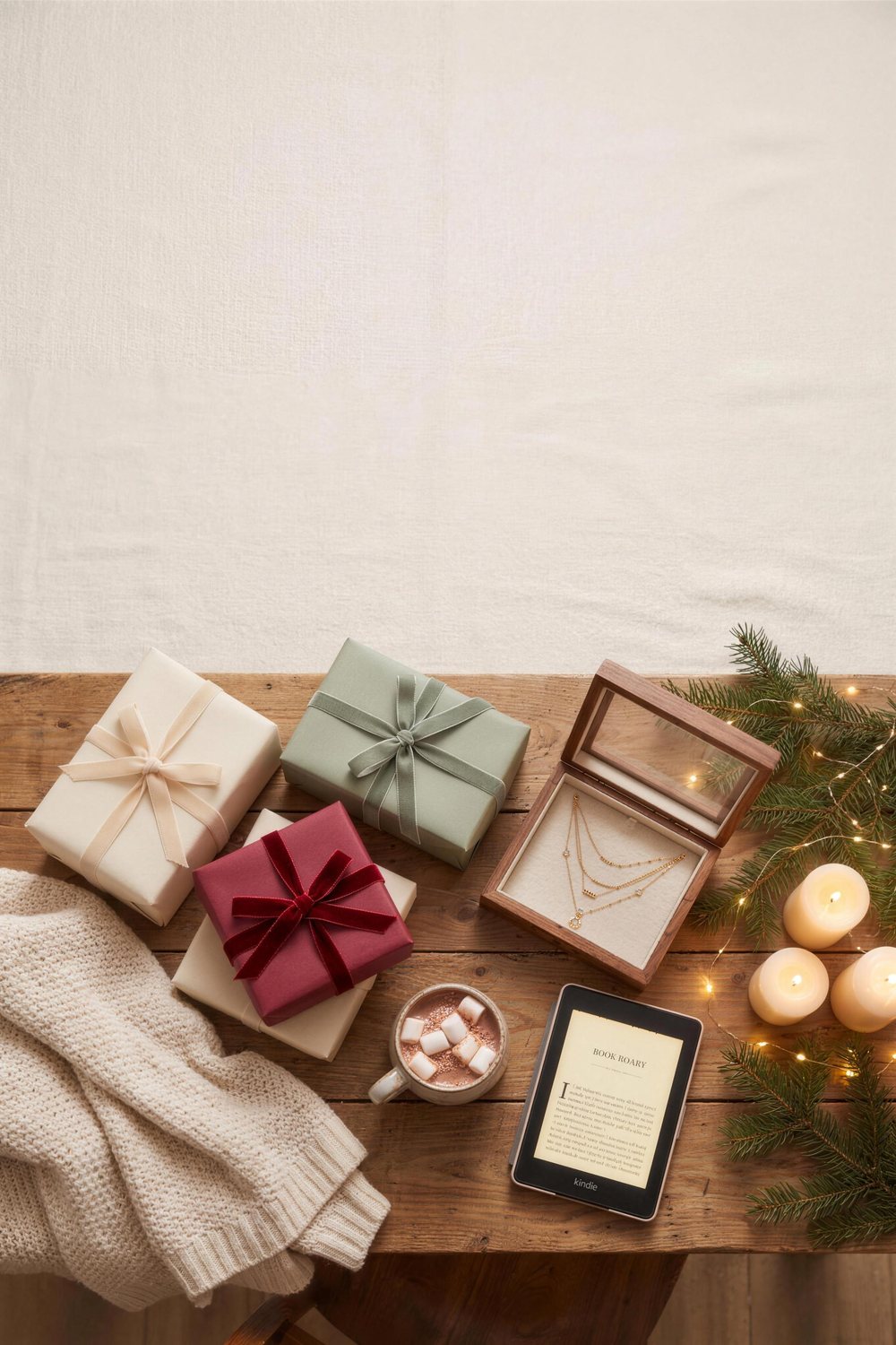 Overhead view of a holiday gift table with wrapped presents, a knit throw, cocoa mug, necklaces and an e-reader