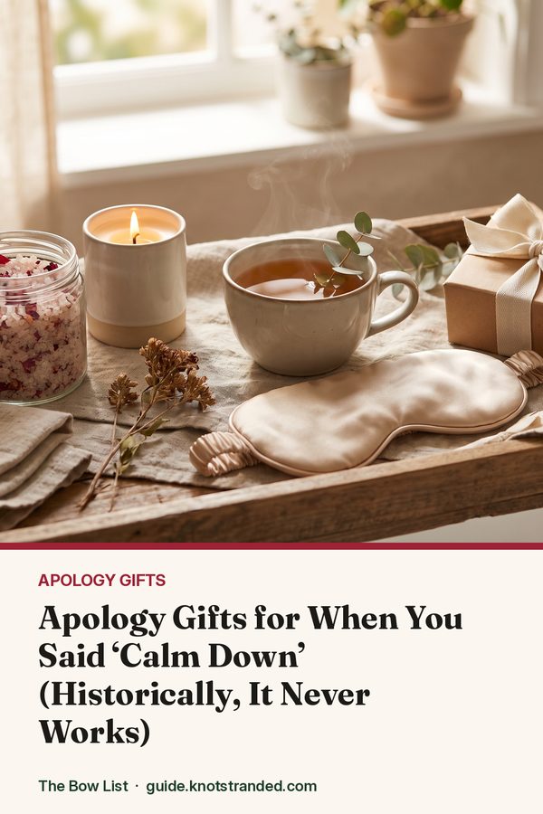 Pinterest graphic: Apology Gifts for When You Said ‘Calm Down’ (Historically, It Never Works)