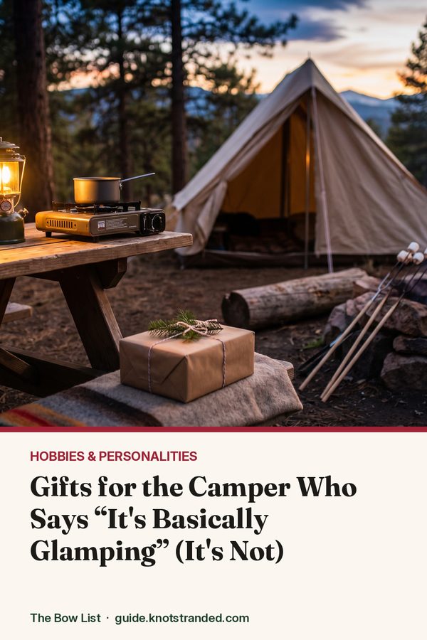 Pinterest graphic: Gifts for the Camper Who Says “It's Basically Glamping” (It's Not)