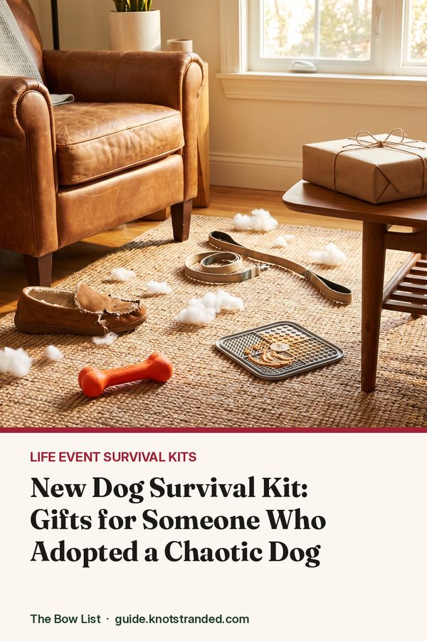 Pinterest graphic: New Dog Survival Kit: Gifts for Someone Who Adopted a Chaotic Dog
