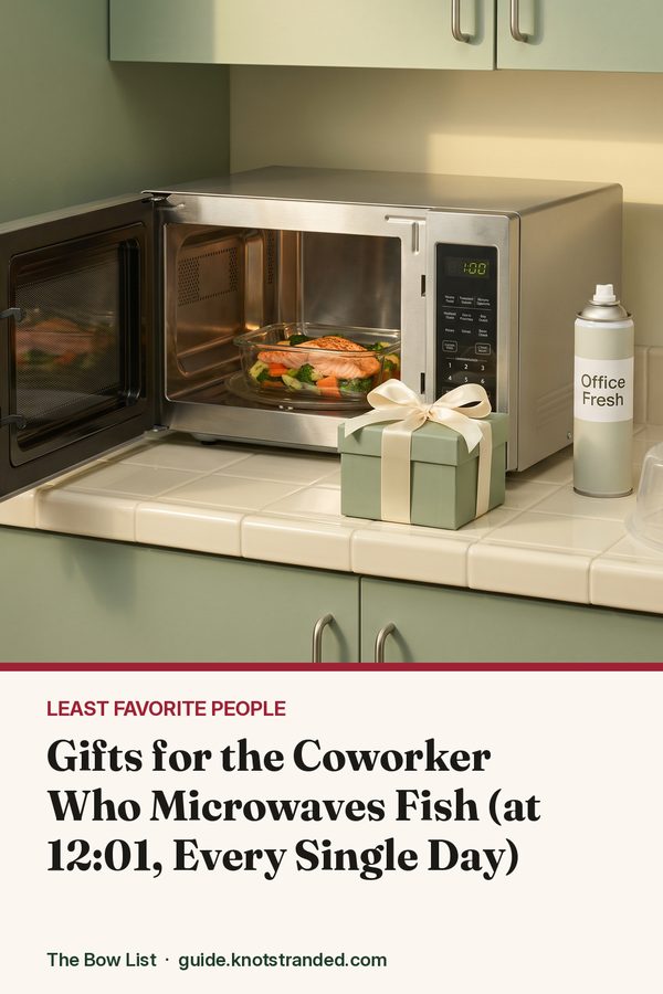 Pinterest graphic: Gifts for the Coworker Who Microwaves Fish (at 12:01, Every Single Day)
