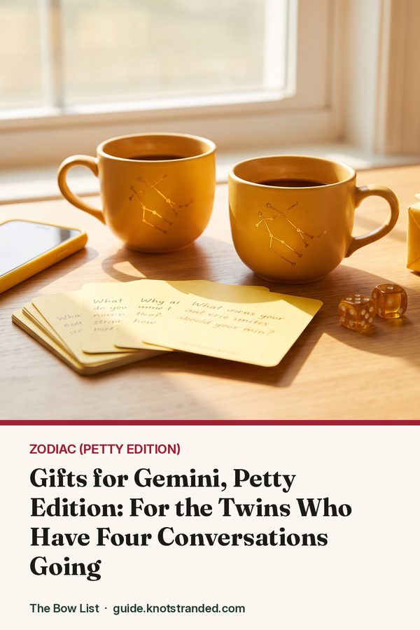 Pinterest graphic: Gifts for Gemini, Petty Edition: For the Twins Who Have Four Conversations Going