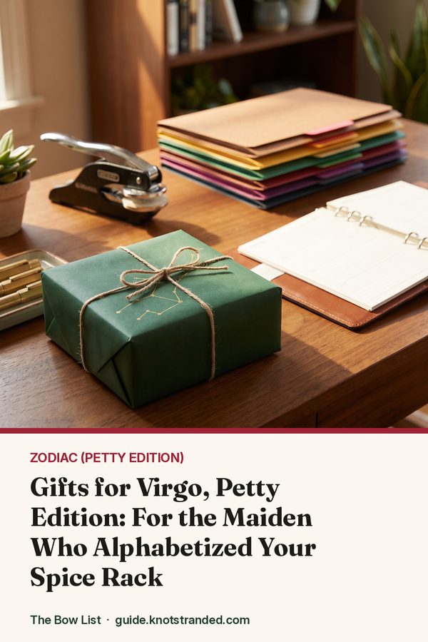 Pinterest graphic: Gifts for Virgo, Petty Edition: For the Maiden Who Alphabetized Your Spice Rack