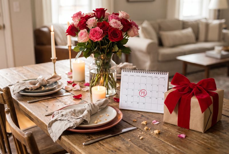 Dinner table set for two with roses, candles, a calendar with a circled date and a wrapped gift