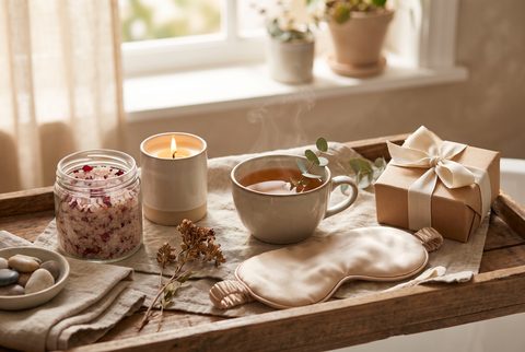 Wooden tray with a jar of bath salts, a lit candle, a cup of tea, a silk sleep mask and a wrapped gift