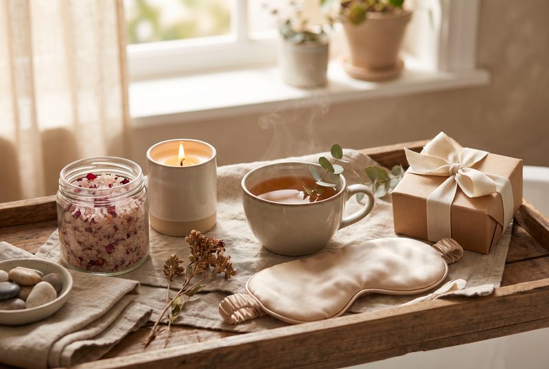 Wooden tray with a jar of bath salts, a lit candle, a cup of tea, a silk sleep mask and a wrapped gift