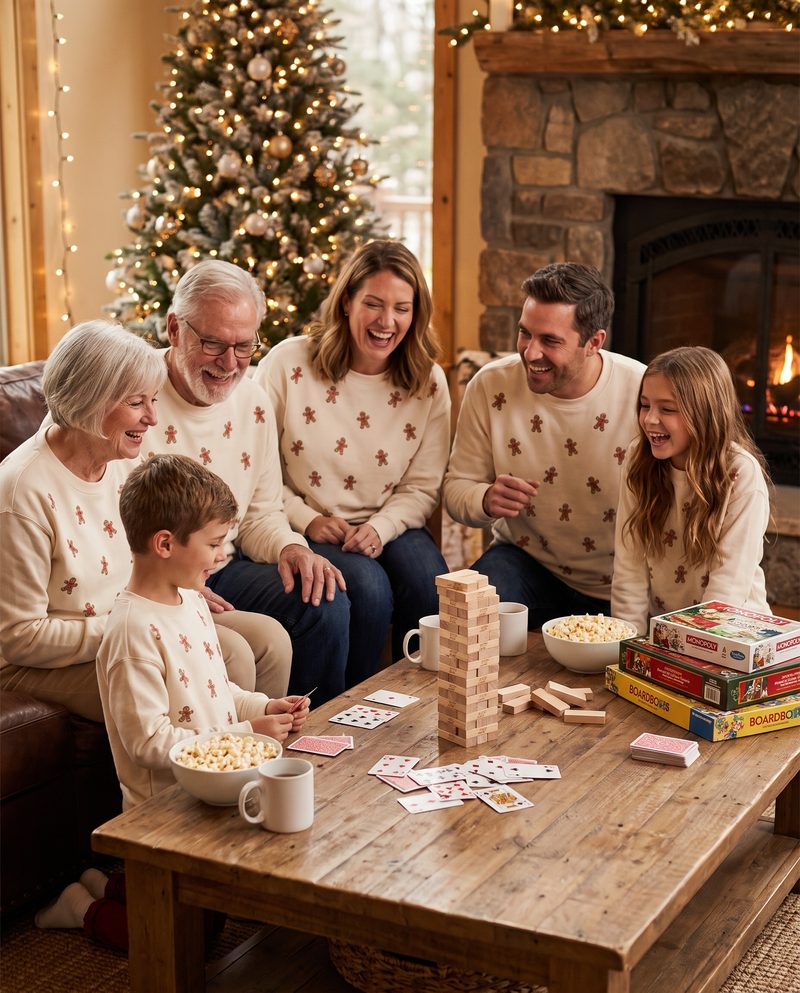 Multigenerational family in matching gingerbread sweatshirts playing cards and a block tower game