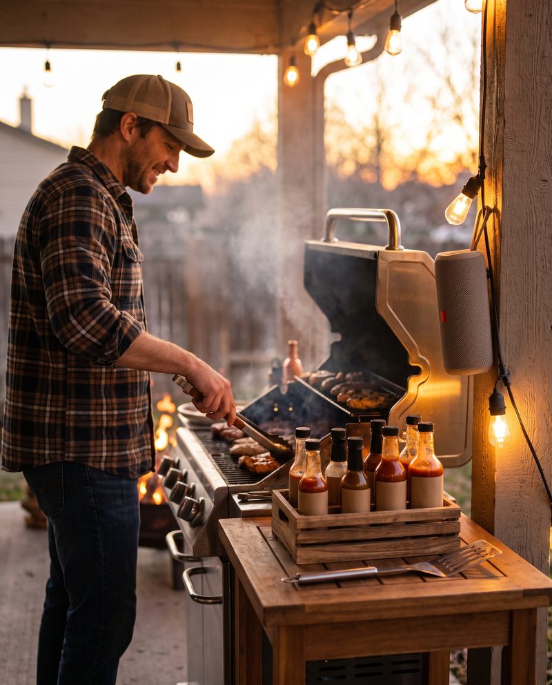Smiling man in a ball cap grilling at dusk with BBQ tools, a crate of hot sauces and a clip speaker