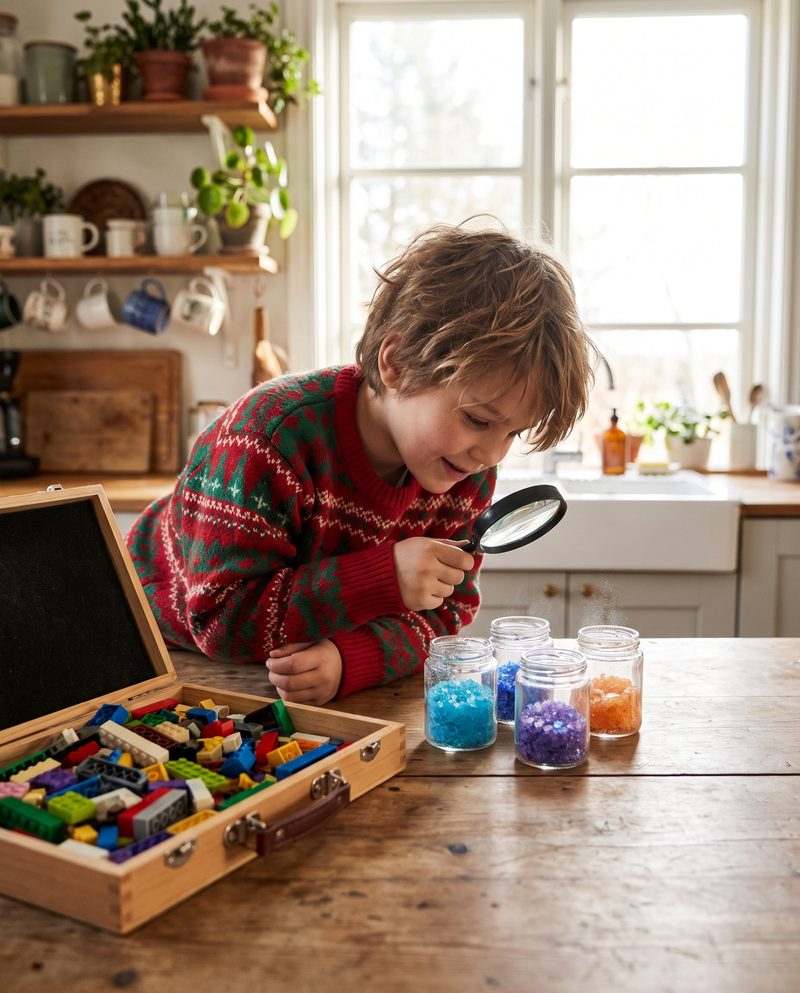 Child in a holiday sweatshirt watching crystals grow in jars beside an open case of building bricks
