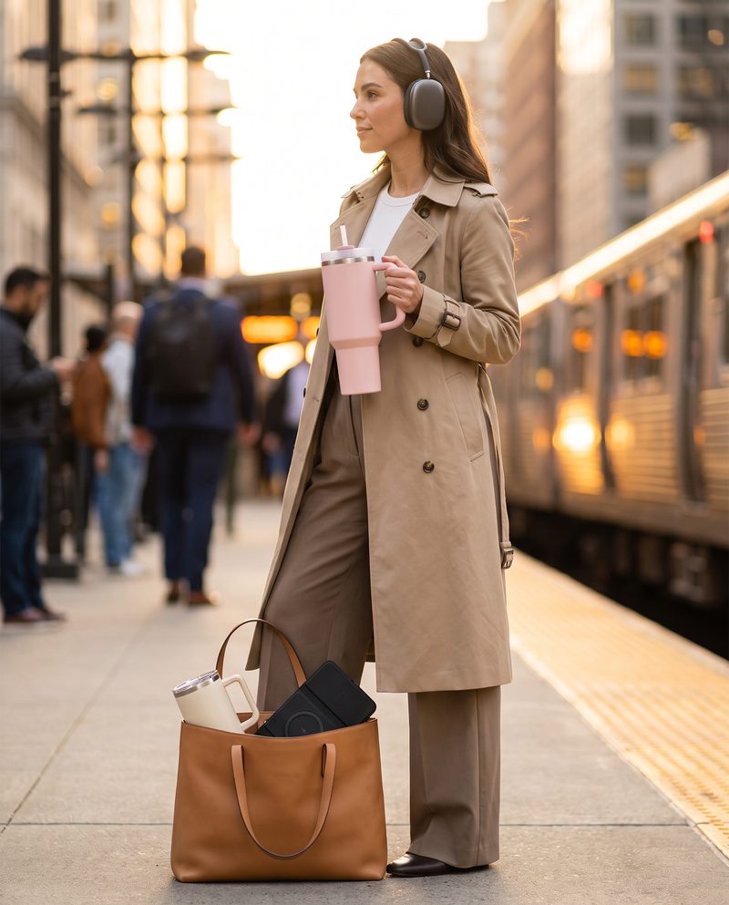 Commuter on a train platform at golden hour with a pastel tumbler, headphones and a leather tote