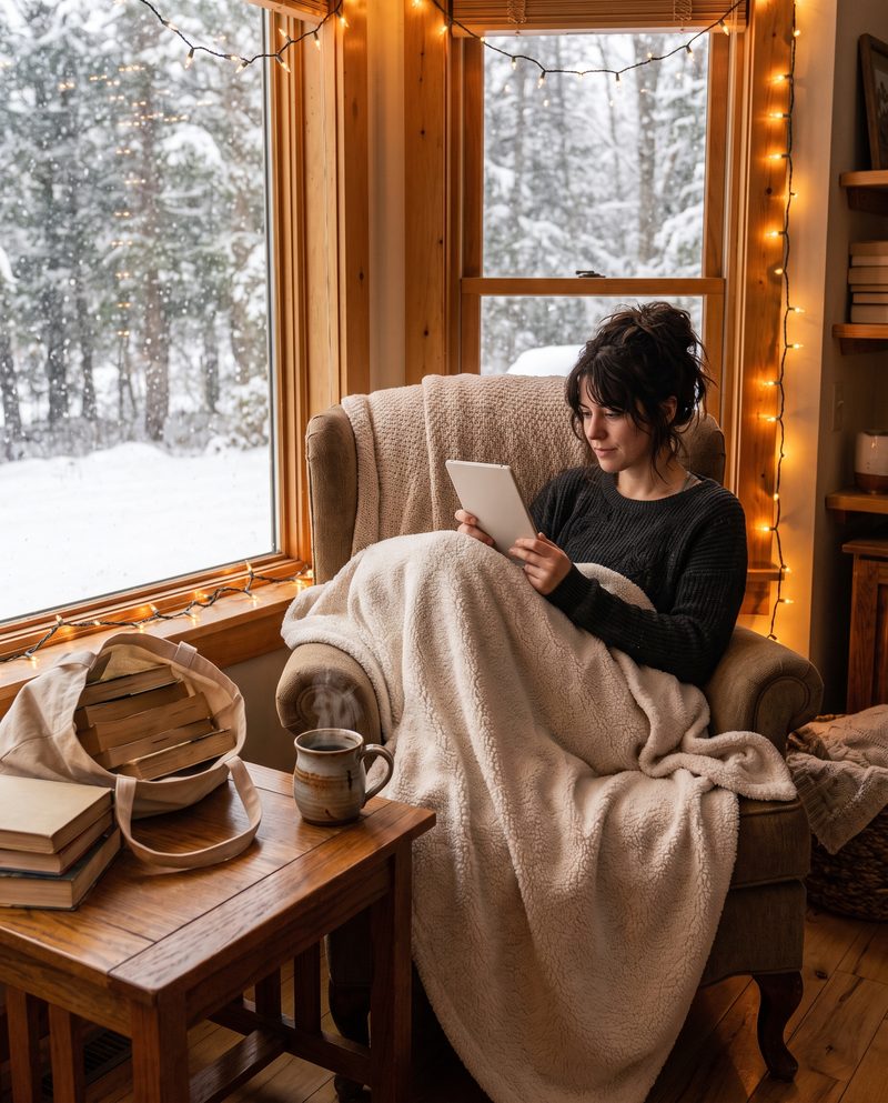 Woman reading an e-reader under a fleece throw in a snowy window seat with a tote bag and tea
