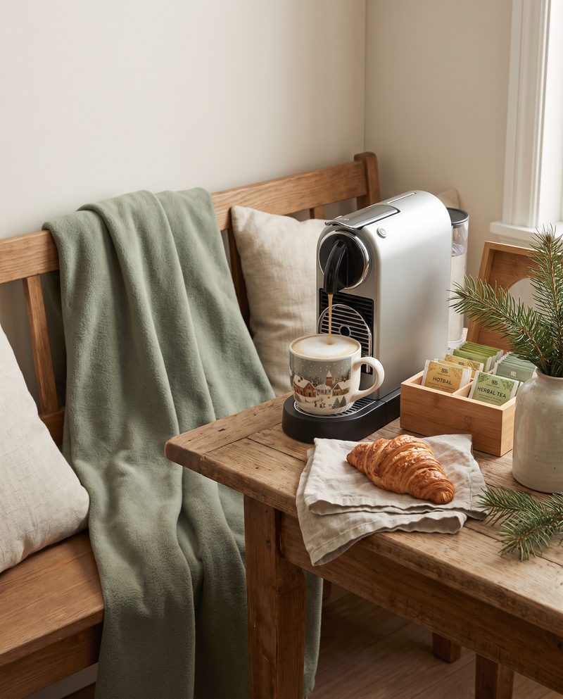 Sunlit breakfast nook with a capsule coffee maker, a snowy-village holiday mug, sage throw and tea box