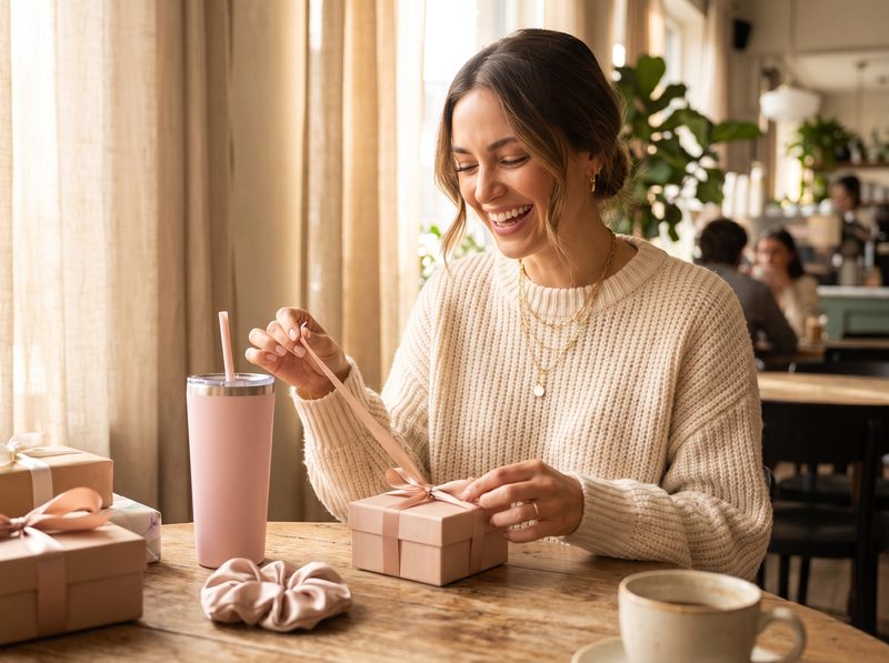 Smiling woman in a cream sweater opening a small gift box at a sunlit cafe table with a pastel tumbler