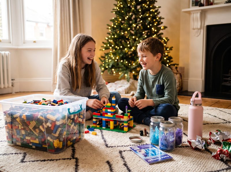 Two siblings building with colorful bricks on a living room rug beside crystal-growing jars