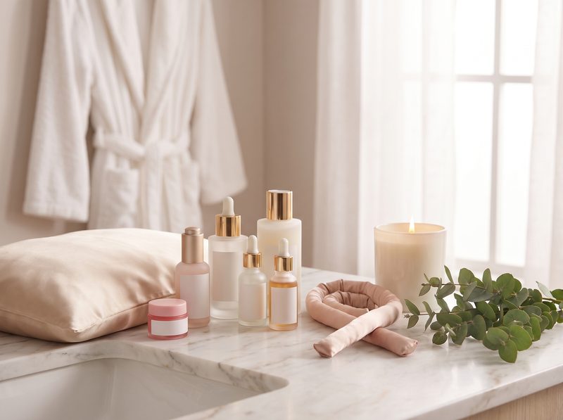 Marble vanity with glass skincare bottles, a pink lip jar, satin curling ribbon and silk pillowcase