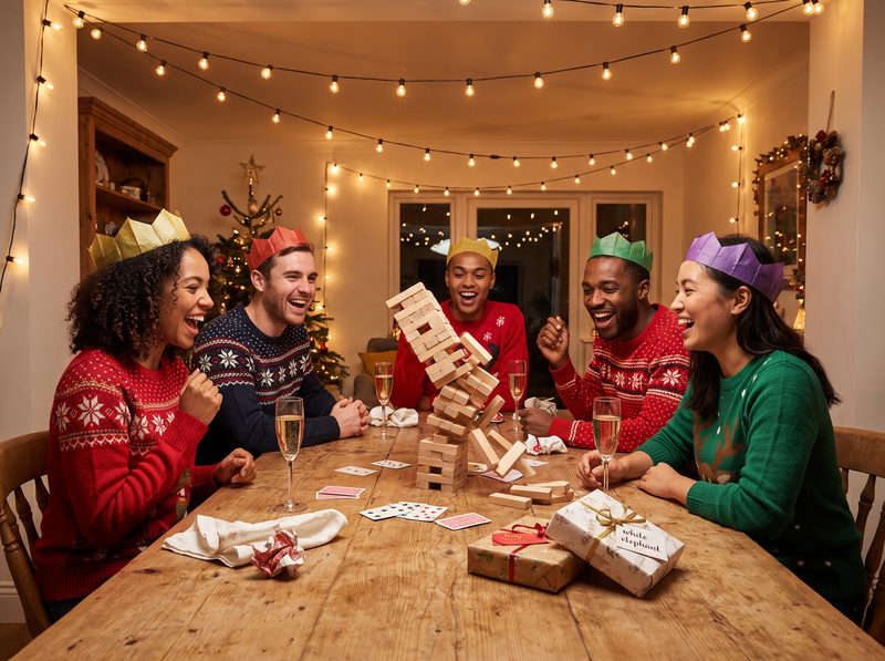 Friends in paper crowns laughing around a wooden block tower game at a holiday party