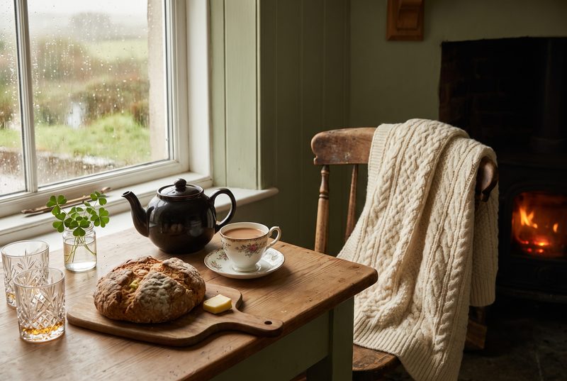 Cozy Irish kitchen table with a pot of strong tea, soda bread on a board, a cream cable-knit Aran throw and crystal glasses