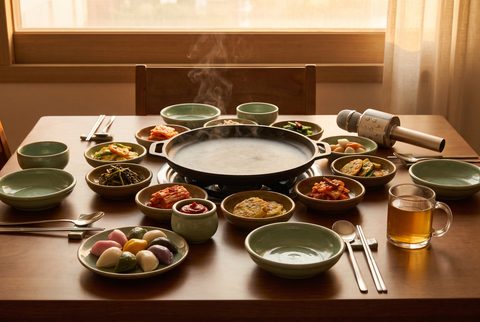 Korean family dinner table with many small banchan dishes, a tabletop grill pan, gochujang and a karaoke microphone