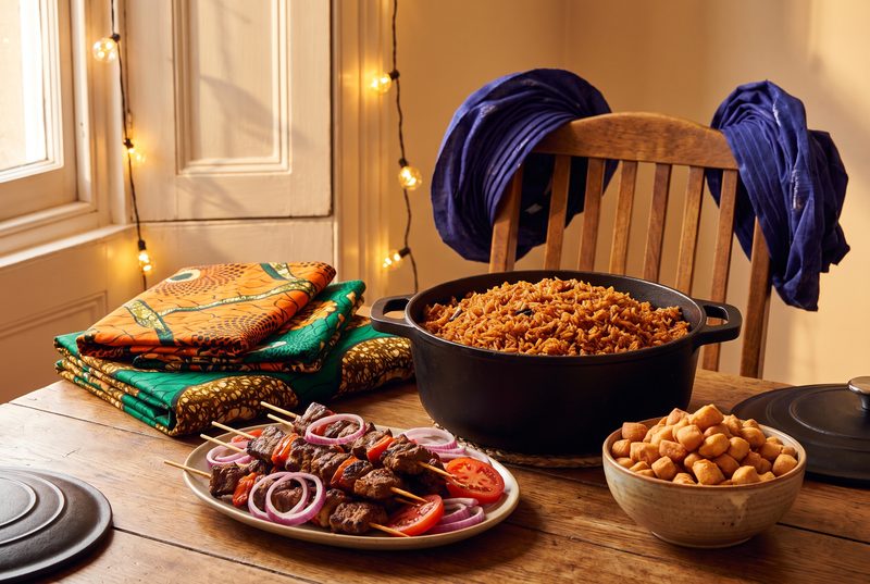 Party buffet with a large pot of smoky jollof rice, suya skewers, a bowl of chin chin and folded ankara fabric