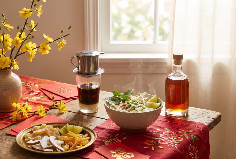 Tết morning table with a phin filter dripping coffee over condensed milk, a bowl of phở, red envelopes and yellow apricot blossoms