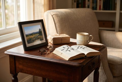 Side table with a framed landscape photo, reading glasses on an open book, a mug and a wrapped gift beside an armchair