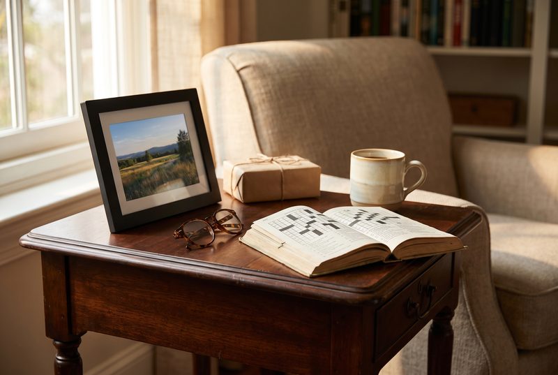 Side table with a framed landscape photo, reading glasses on an open book, a mug and a wrapped gift beside an armchair