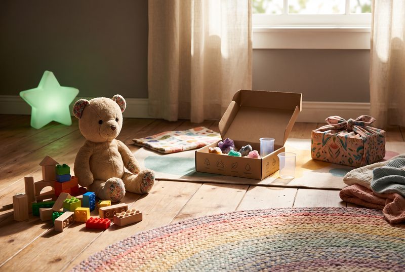 Playroom floor with a teddy bear, building blocks, a glowing star light, an open toy box and a wrapped gift