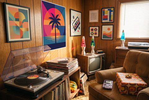 Wood-paneled den with retro graphic posters, a vinyl turntable, a stack of records, lava lamps, a retro TV, a handheld game and a wrapped gift