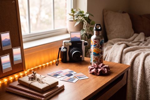 Bedroom desk with an instant camera, landscape instant prints, a sticker-covered water bottle, a scrunchie, fairy lights and a wrapped gift