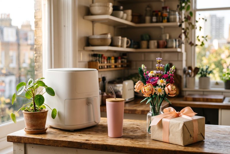 Bright kitchen counter with an air fryer, a potted plant, a bouquet, a pink tumbler and a wrapped gift