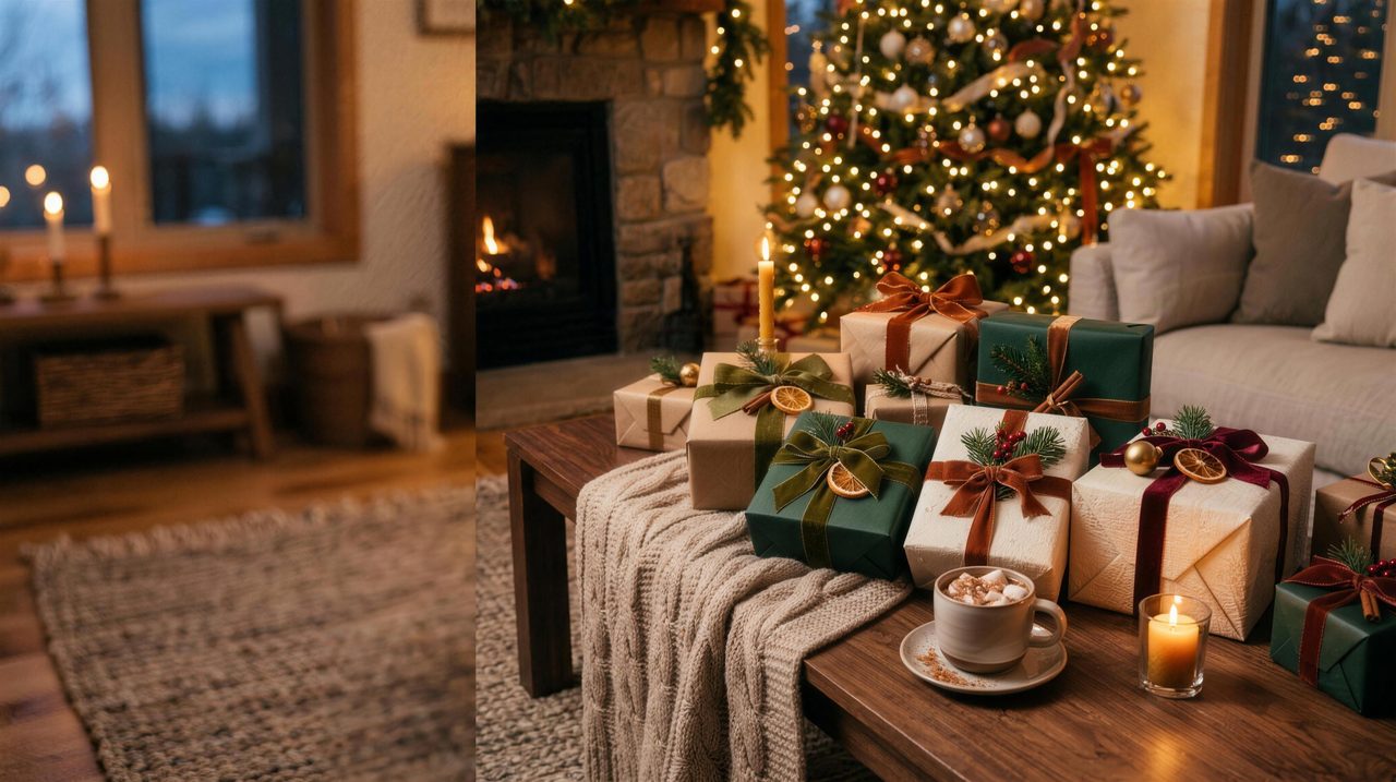 Wrapped holiday gifts with ribbons and pine sprigs on a walnut coffee table in a candlelit living room