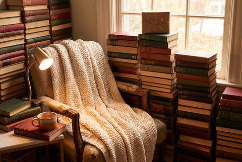 Cozy reading nook with towering book stacks, an armchair with a knit throw, a reading lamp, a cup of tea and a wrapped gift