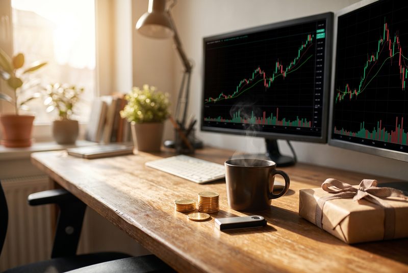 Home office desk with two monitors showing price charts, a small stack of coins, a hardware wallet, coffee and a wrapped gift