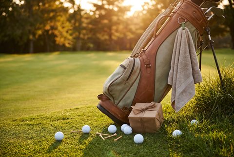 Golf bag with a towel on a sunlit fairway, with white golf balls, wooden tees and a wrapped gift