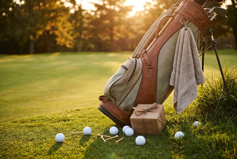 Golf bag with a towel on a sunlit fairway, with white golf balls, wooden tees and a wrapped gift