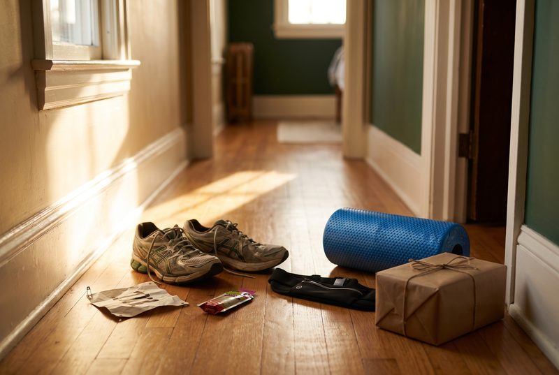 Sunlit hallway floor with running shoes, energy gels, a running belt, a blue foam roller and a wrapped gift