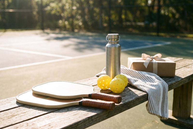 Courtside bench with two pickleball paddles, yellow balls, a steel water bottle, a striped towel and a wrapped gift