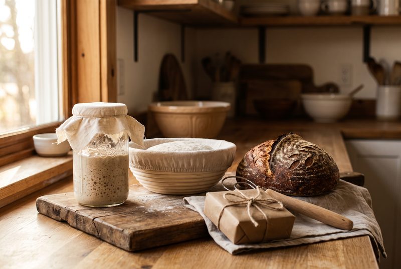 Rustic kitchen counter with a jar of sourdough starter, a proofing basket, a crusty loaf, a rolling pin and a wrapped gift