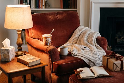 Cozy armchair with a knit blanket, a box of tissues, a pint of ice cream, a mug, an open journal and a wrapped gift