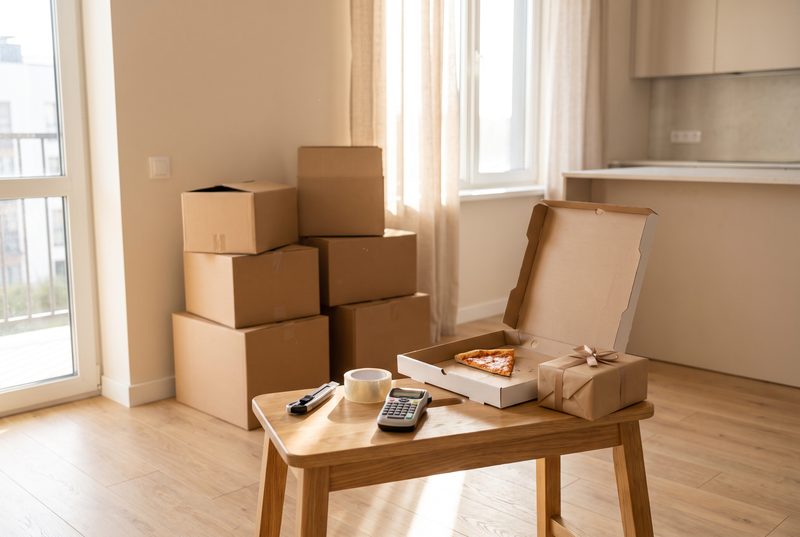 Bright empty room with stacked moving boxes, a pizza box, tape and a small wrapped gift on a side table