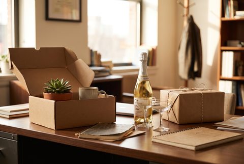 Desk with an open cardboard box holding a succulent and a mug, a bottle of sparkling wine, notebooks and a wrapped gift