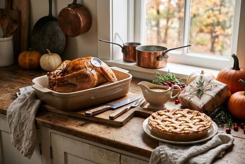 Kitchen counter with a roasted turkey in a dish, a gravy boat, a carving set, a lattice pie, pumpkins and a wrapped gift