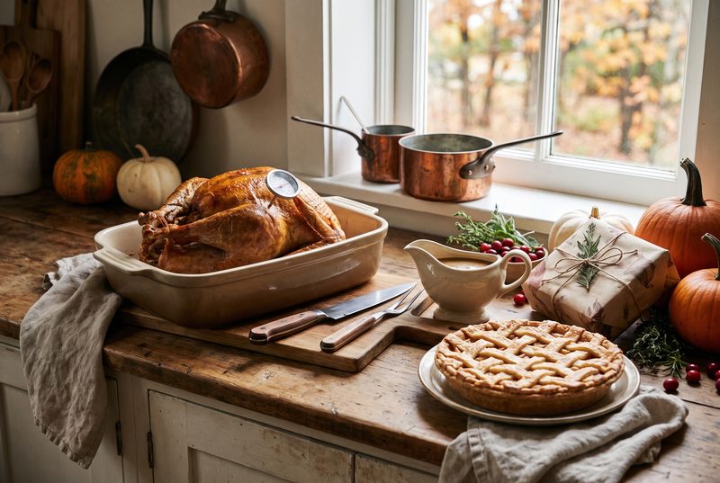 Kitchen counter with a roasted turkey in a dish, a gravy boat, a carving set, a lattice pie, pumpkins and a wrapped gift
