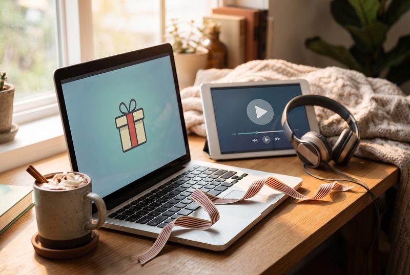 Desk with a laptop showing a gift icon, a tablet, headphones, hot cocoa and a loose ribbon