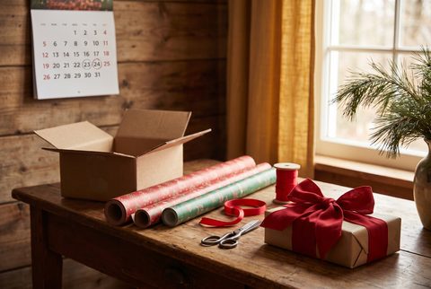 Wooden desk with an open shipping box, rolls of wrapping paper, scissors and a wrapped gift with a red bow, below a calendar with dates circled