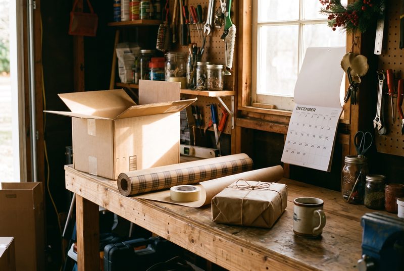 Garage workbench with an open shipping box, rolls of wrapping paper, a wrapped gift, a mug and a pegboard of tools