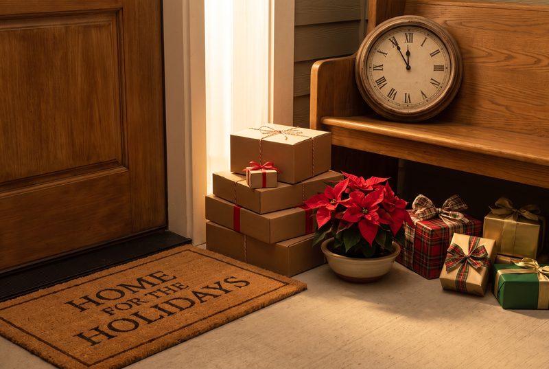 Front entry with a doormat reading HOME FOR THE HOLIDAYS, stacked wrapped gifts, a poinsettia and a wall clock