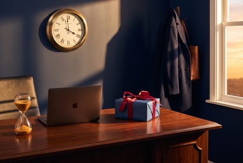 Office desk with a wall clock, a laptop, an hourglass and a wrapped gift