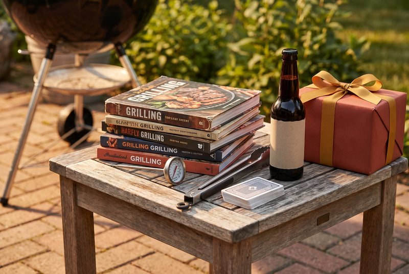 Patio table beside a grill with grilling books, a meat thermometer, a bottle and a wrapped gift