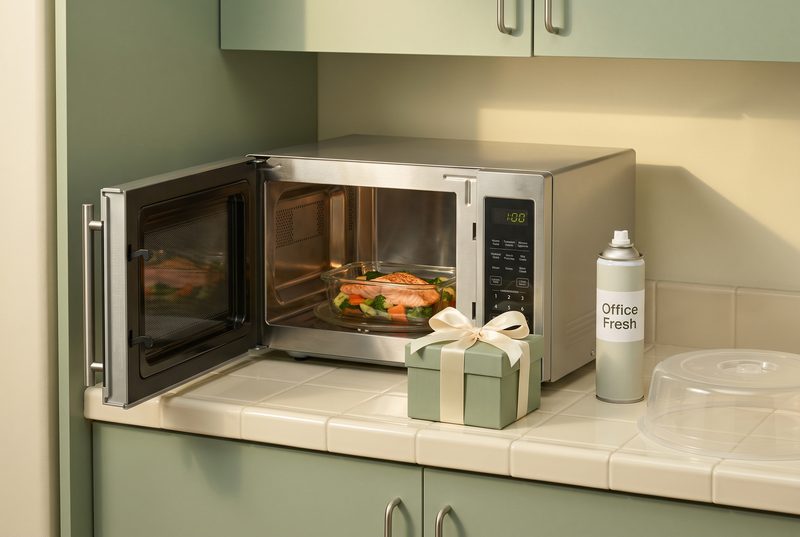 Office break room microwave with a gift box placed in front of it